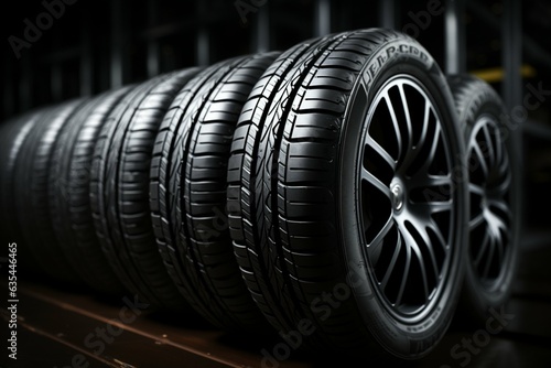 Summer car tires featured in studio, striking contrast light, shallow depth Generative AI