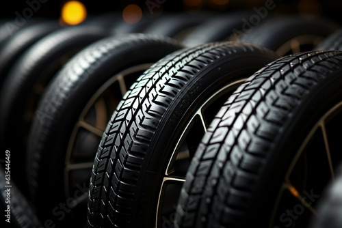 Summer car tires featured in studio, striking contrast light, shallow depth Generative AI photo