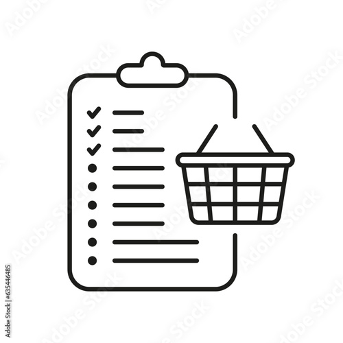 Purchase Checklist Line Icon. Grocery List to Buy Pictogram. Order List with Basket Outline Symbol. Procurement Checkout Sign. Online E-commerce Sale. Editable Stroke. Isolated Vector Illustration
