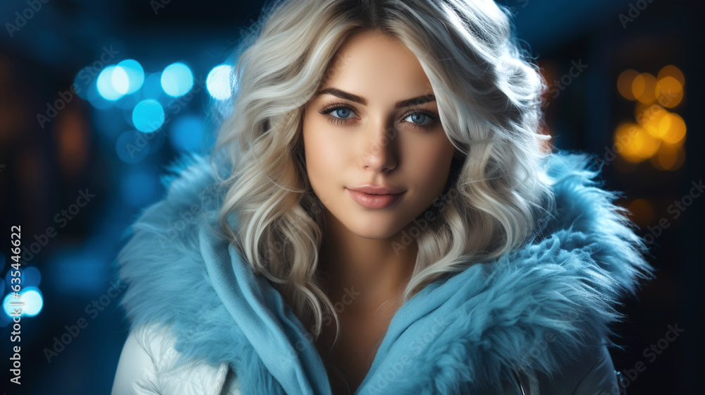 Portrait of a young blonde girl in a blue coat. Generative AI