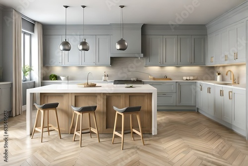 modern kitchen with table, wooden details and parquet floor, minimalist white and gray interior design, in house
