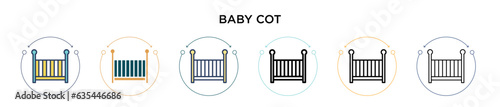 Baby cot icon in filled, thin line, outline and stroke style. Vector illustration of two colored and black baby cot vector icons designs can be used for mobile, ui, web