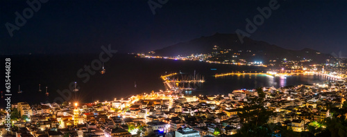 Panoramic night view of Zakynthos island in Greece. View from Bochali village at the top. 