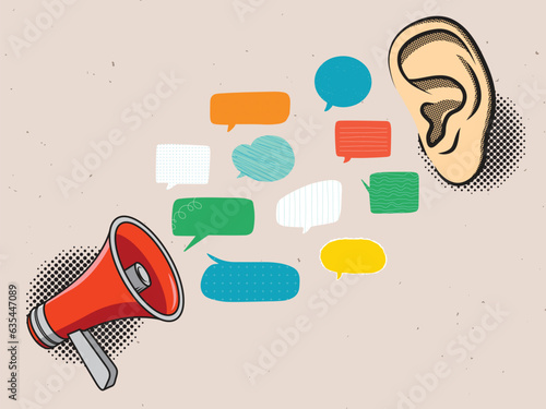 Communication concept - red megaphone, speech bubbles and ear. Speaking and listening. Modern collage Vector illustration