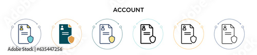 Account icon in filled, thin line, outline and stroke style. Vector illustration of two colored and black account vector icons designs can be used for mobile, ui, web
