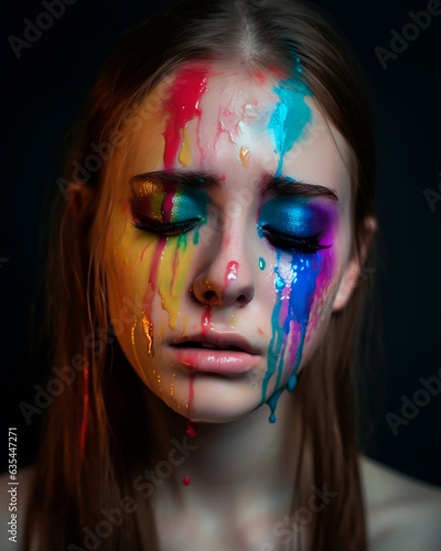 Beautiful girl crying, her face is stained with colored paints. 