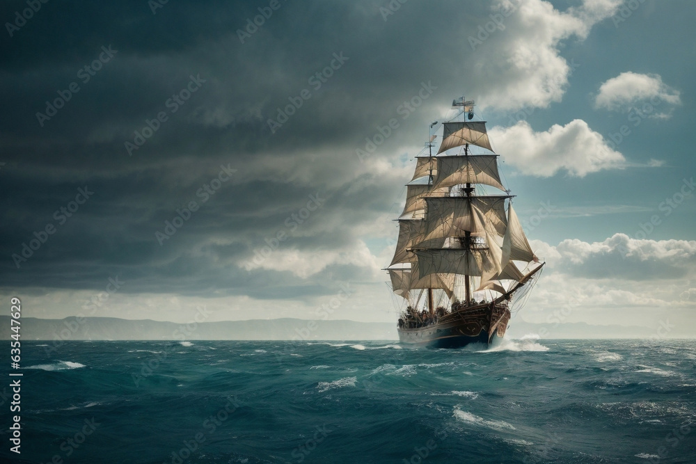 Pirate ship sails in ocean under cloudy sky, adventurous voyage.