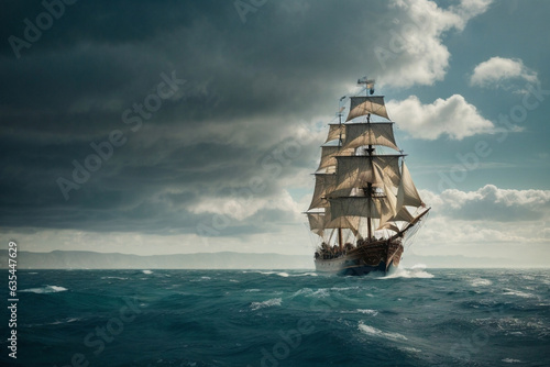 Pirate ship sails in ocean under cloudy sky  adventurous voyage.