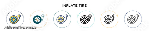 Inflate tire icon in filled, thin line, outline and stroke style. Vector illustration of two colored and black inflate tire vector icons designs can be used for mobile, ui, web