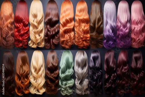 Palette of bright shades of hair. Hair coloring and giving color and texture , hair care . Fashionable style of the new season.