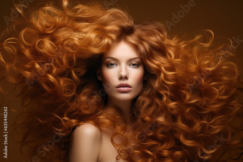 Close-up banner of young beautiful caucasian girl with healthy red curly hairstyle, isolated on brown background. Great texture and natural color bright of hair 