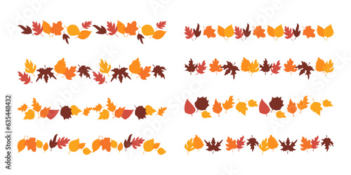 Fall border lines from autumn botanical leaves. Set of autumn leaves pattern line, herbal elements. Fall orange leaves. Can be used as decorations for Back to School, Halloween or Thanksgiving.