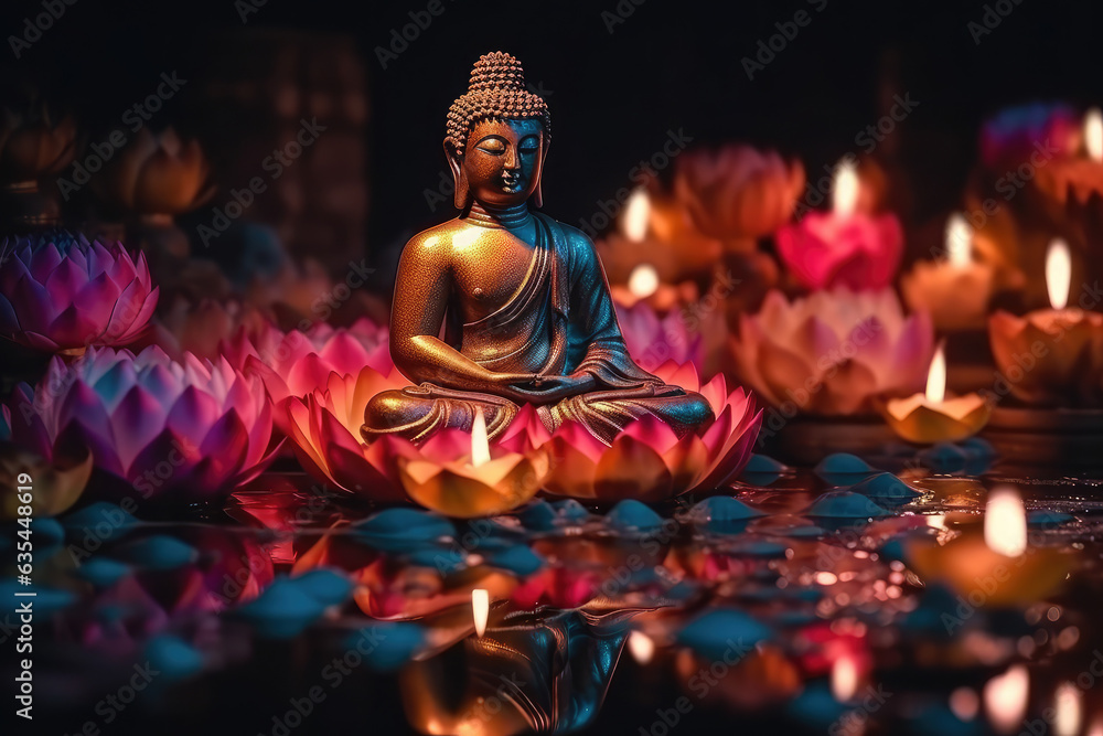 Golden glowing buddha statue in meditation, generative AI