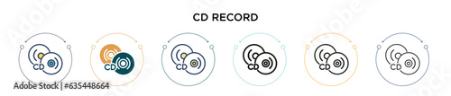 Cd record icon in filled, thin line, outline and stroke style. Vector illustration of two colored and black cd record vector icons designs can be used for mobile, ui, web