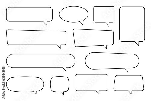 Speech bubbles set of outlined distorted rectangle and square. Trendy line shapes, blank speech balloon, chat bubble on white background, vector design elements.