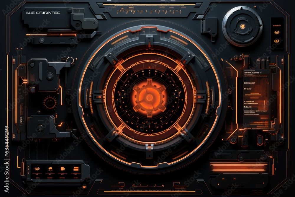 Abstract technology hud interface hologram elements neon lights, circle percent vitality innovation on hi tech future design. Generative AI