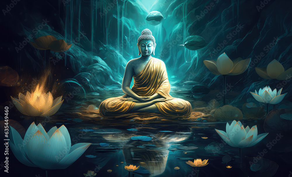 Golden glowing buddha statue in meditation, generative AI - obrazy, fototapety, plakaty 