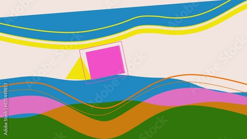 risograph aethetic 60s 70s retro animation with colorful shapes. Geometrical cartoon landscape moving and change curve line