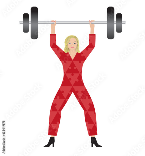 Strong woman weight lifting. Dressed in puzzle pieces clothes. Isolated. Vector illustration.