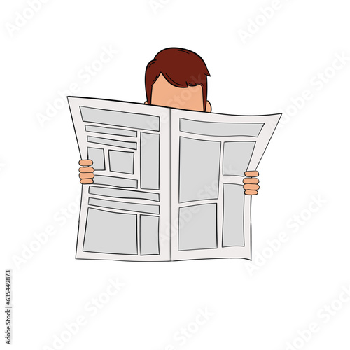 A hand-drawn cartoon man reads a newspaper on a white background.