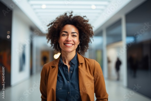 Portrait of smiling businesswoman standing in corridor of modern office building photo