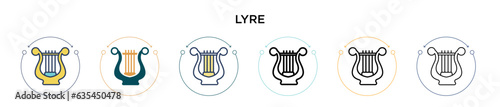 Lyre icon in filled, thin line, outline and stroke style. Vector illustration of two colored and black lyre vector icons designs can be used for mobile, ui, web