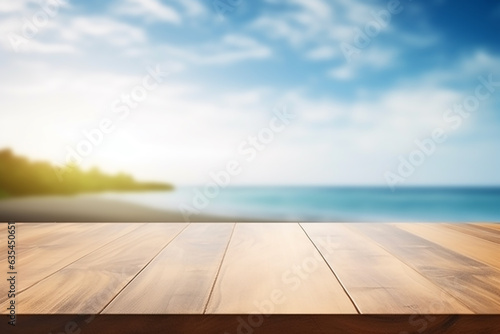 Web concept suitable for advertising and banners with a wooden deck in front of a mountain view with copy space against a beautiful blue sky and sea.