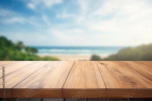 Foto Web concept suitable for advertising and banners with a wooden deck in front of a mountain view with copy space against a beautiful blue sky and sea