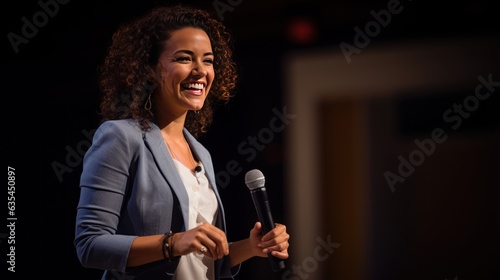 Exited woman motivational speaker on stage. Diversity, Success, Leadership, STEM concept.