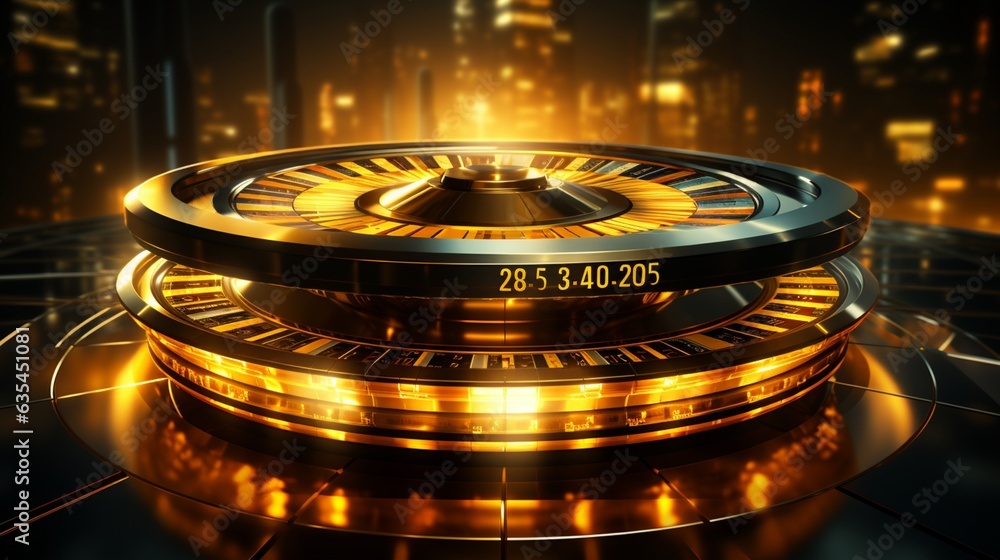 Golden wheel of fortune for lottery game or casino chance to win prize in lucky roulette. - obrazy, fototapety, plakaty 