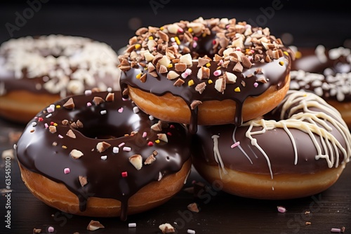 Sweet donuts stuffed with melted chocolate and sprinkled