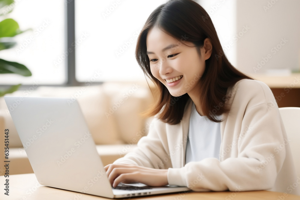 Selective focus of attractive, friendly and charming young Japanese girl with white top, beige cardigan smiling, working with laptop computer at home with happiness and joy Selective focus of attractive, friendly and charming young Japanese girl with white top, beige cardigan smiling, working with laptop computer at home with happiness and joy
