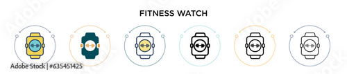 Fitness watch icon in filled, thin line, outline and stroke style. Vector illustration of two colored and black fitness watch vector icons designs can be used for mobile, ui, web