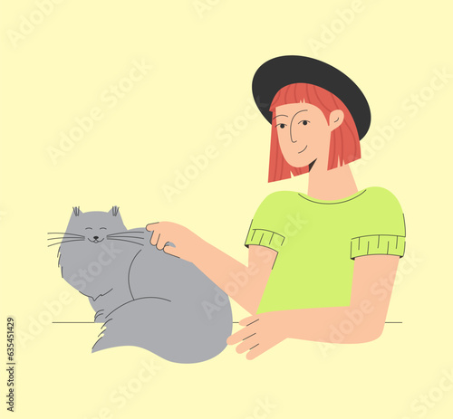 Smiling red haired girl loving cat kitty vector illustration.