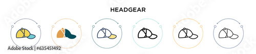 Headgear icon in filled, thin line, outline and stroke style. Vector illustration of two colored and black headgear vector icons designs can be used for mobile, ui, web