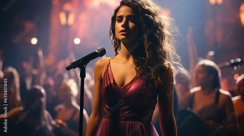 Female pop star singer in music concert performance in a huge crowded stadium. Generative Ai Female pop star singer in music concert performance in a huge crowded stadium. Generative Ai