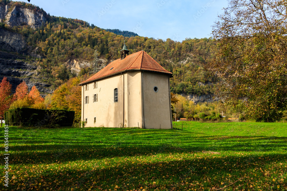 Small church in Verolliey near Saint Maurice, Switzerland in autumn