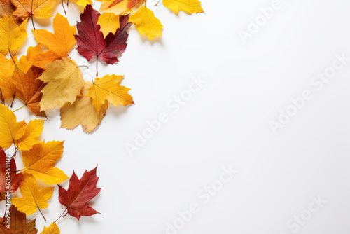 White autumn background with colorful leaves. Generative AI.