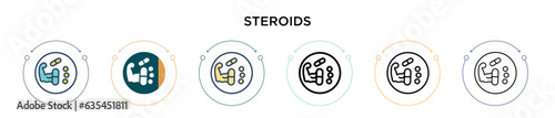 Steroids icon in filled, thin line, outline and stroke style. Vector illustration of two colored and black steroids vector icons designs can be used for mobile, ui, web
