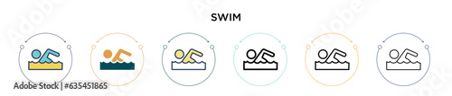 Swim icon in filled, thin line, outline and stroke style. Vector illustration of two colored and black swim vector icons designs can be used for mobile, ui, web