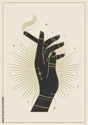 Woman hand is holding cigarette on beige background