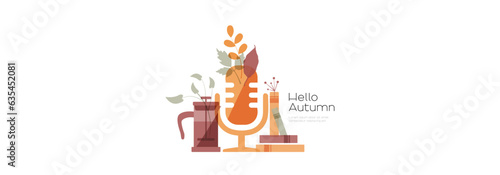 Hello Autumn banner. Modern color design. Concept with microphone, coffee and books.