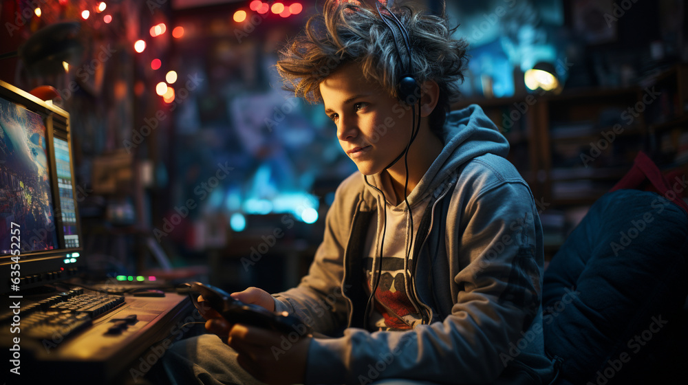 Boy playing video game. Generative Ai