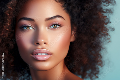 Close up of beautiful afro american woman with dark skin and unusual light colored green eyes