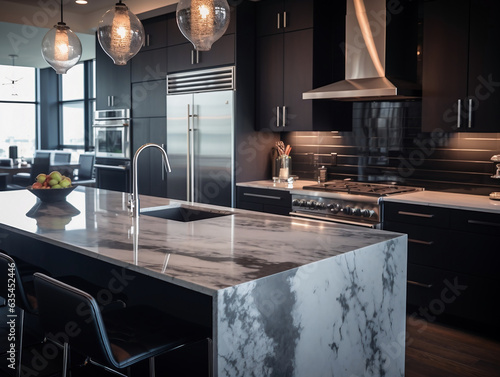 Fotografía que muestra una cocina contemporánea, resplandecientes encimeras de mármol frente a gabinetes mate en negro. photo