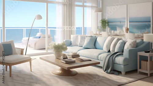 Coastal relaxation: beach-inspired textures, soothing blues in a living room