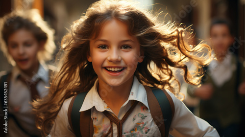 Cheerful children run along the corridors of the school. Generative Ai