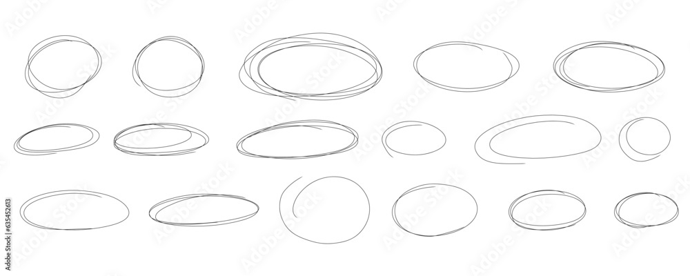 Hand drawn ovals and circles. Sketch marker pen highlight oval frames. Stroke scrawl underline lines emphasis set. Hand drawn doodle oval. Vector freehand illustration on white background.