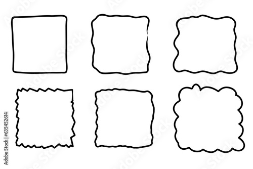Rectangle hand drawn frames set. Doodle square wavy curve deformed textured frame. Border hand drawn sketch. Vector illustration on a white background.