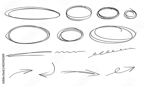 Highlight hand drawn oval frames, arrows, lines. Handdrawn marker underlines scribble doodle circle set. Ovals and ellipses line template. Stock vector illustration isolated on white background.
